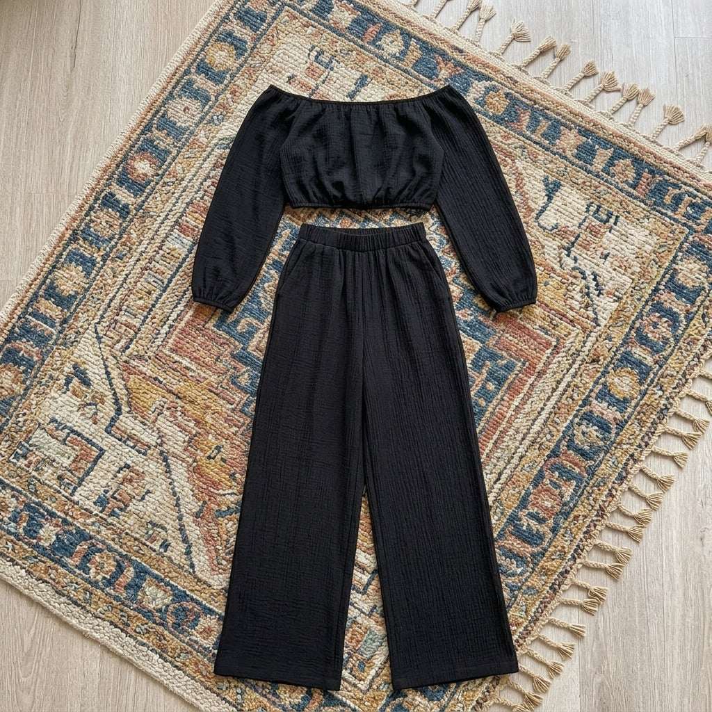 Women’s Off Shoulder Cotton Top and Pants Set – Two Piece Casual Outfit Set