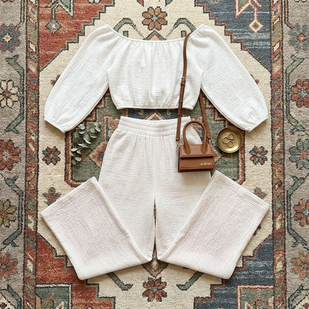 Women’s Off Shoulder Cotton Top and Pants Set – Two Piece Casual Outfit Set
