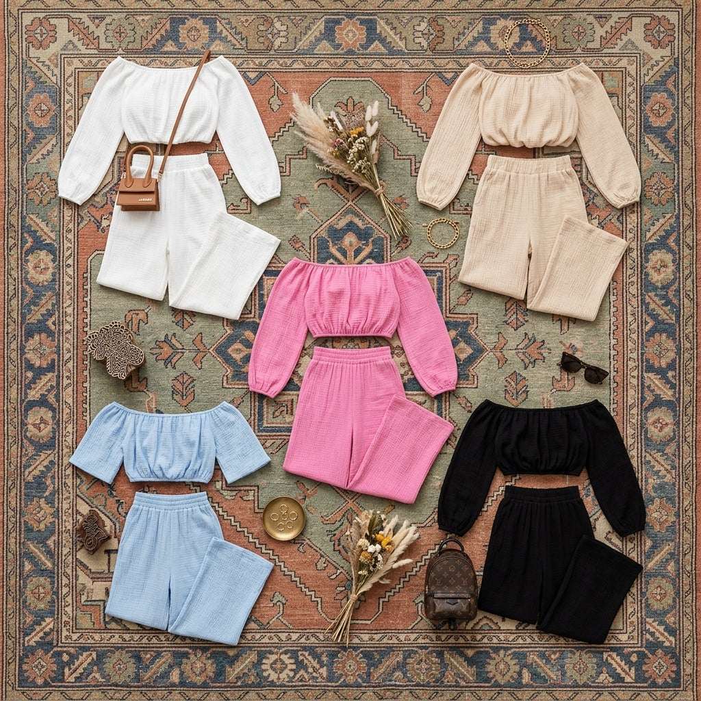 Women’s Off Shoulder Cotton Top and Pants Set – Two Piece Casual Outfit Set