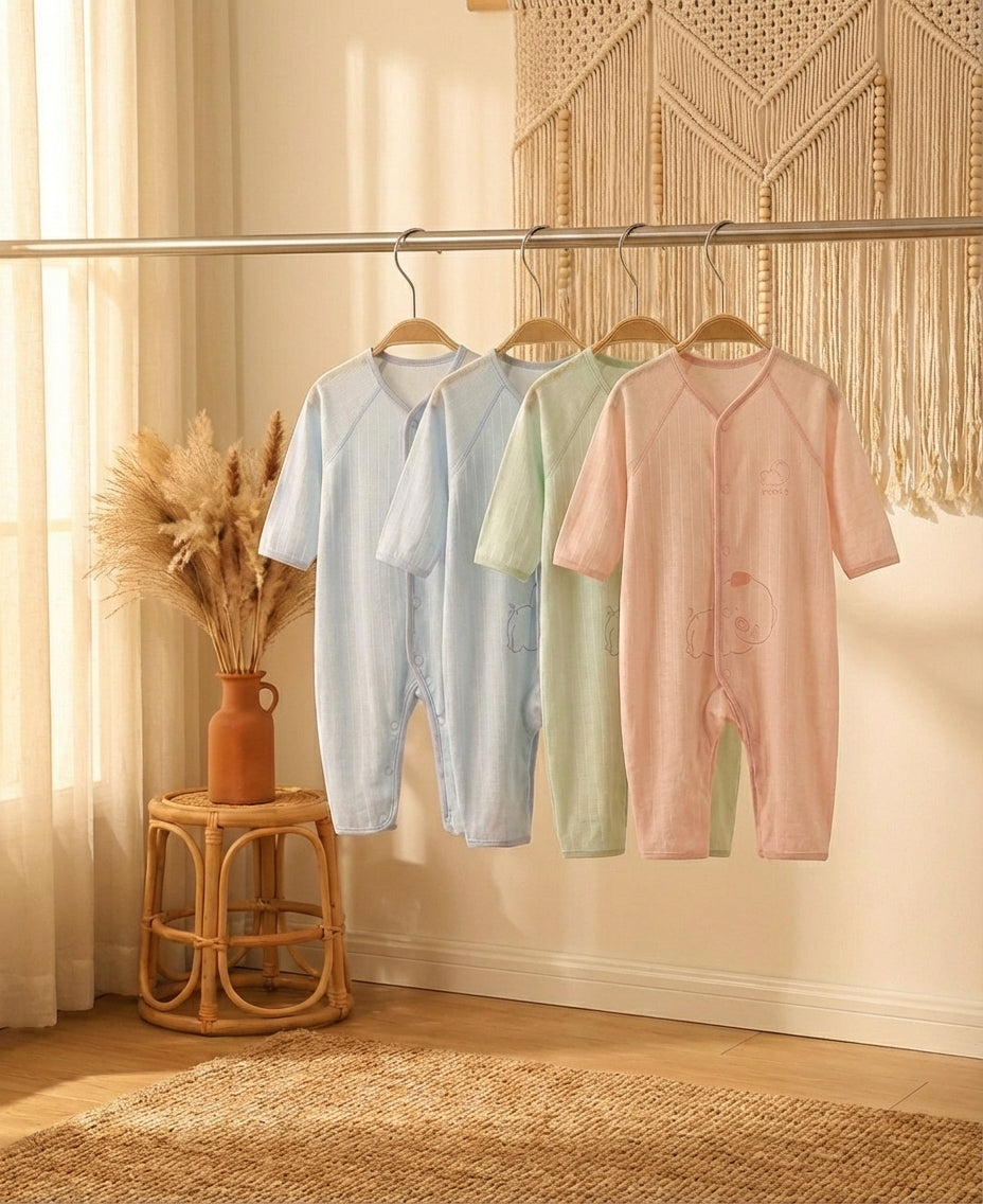 Three baby rompers in light blue, green, and pink hanging on a rack with a decorative wall and stool in the background.
