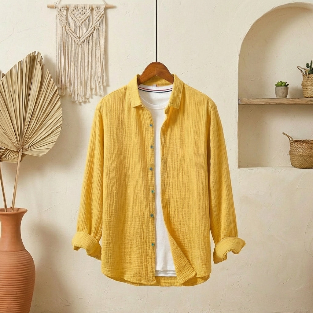 Men’s solid long-sleeve shirt in a breathable cotton-linen blend, featuring a classic button-down collar and relaxed fit.