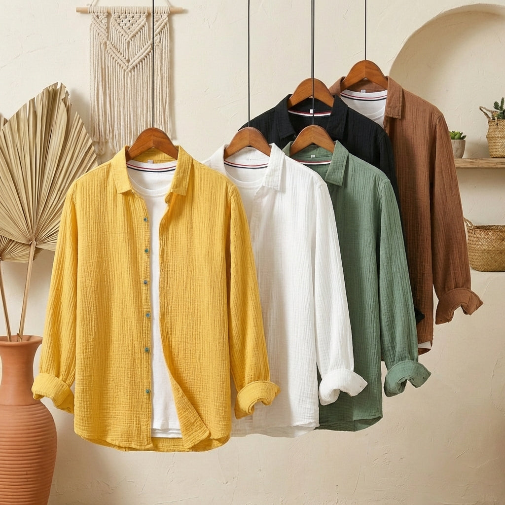 Men’s solid long-sleeve shirt in a breathable cotton-linen blend, featuring a classic button-down collar and relaxed fit.