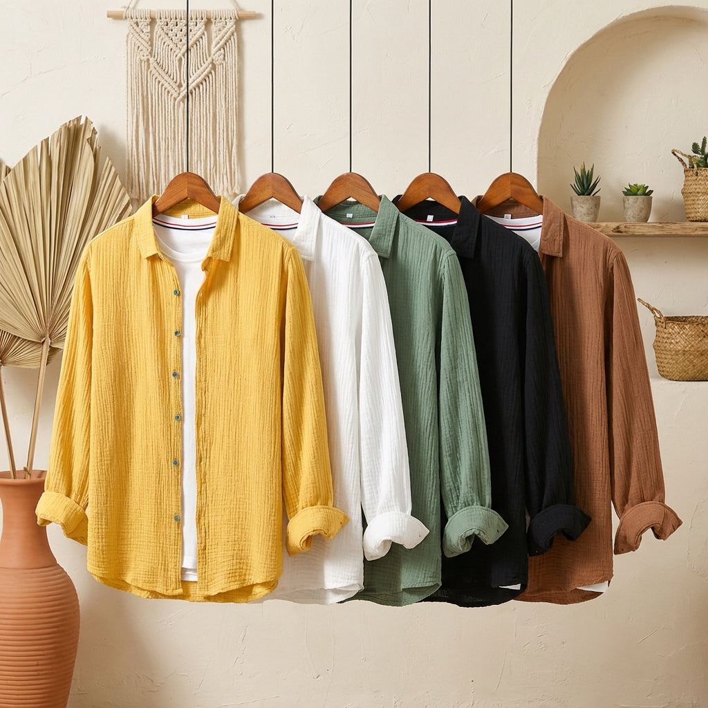 Men’s solid long-sleeve shirt in a breathable cotton-linen blend, featuring a classic button-down collar and relaxed fit.