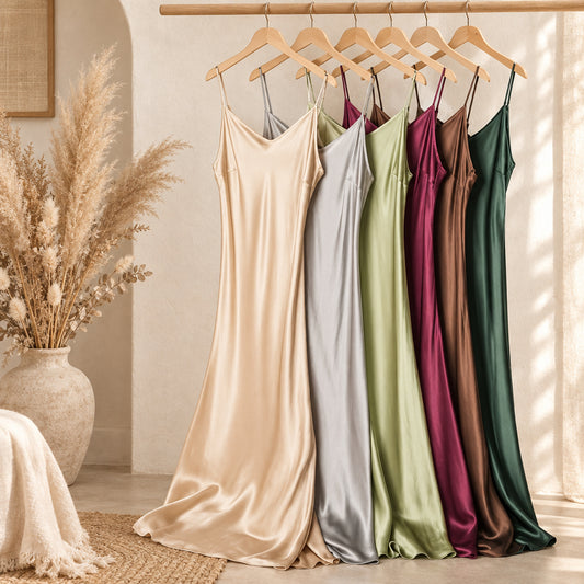 Five satin slip dresses hanging on wooden hangers against a white background, shown in beige, silver, olive green, burgundy, and forest green. The Silk House logo is visible in the top left corner.