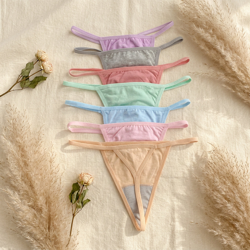 Six pairs of women's thong underwear in pastel and neutral colors are arranged in a vertical stack on a gray fabric background, with a red flower and green leaves in the top-left corner.