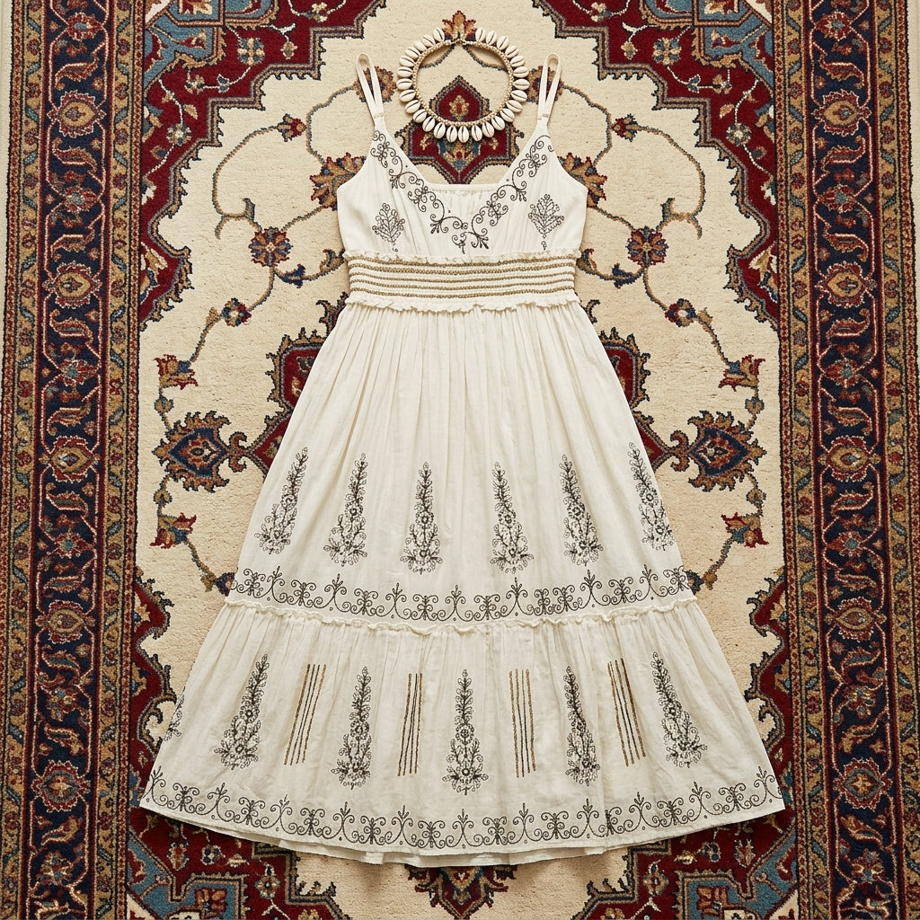 100% Cotton Pearl Accented Floral Midi Dress