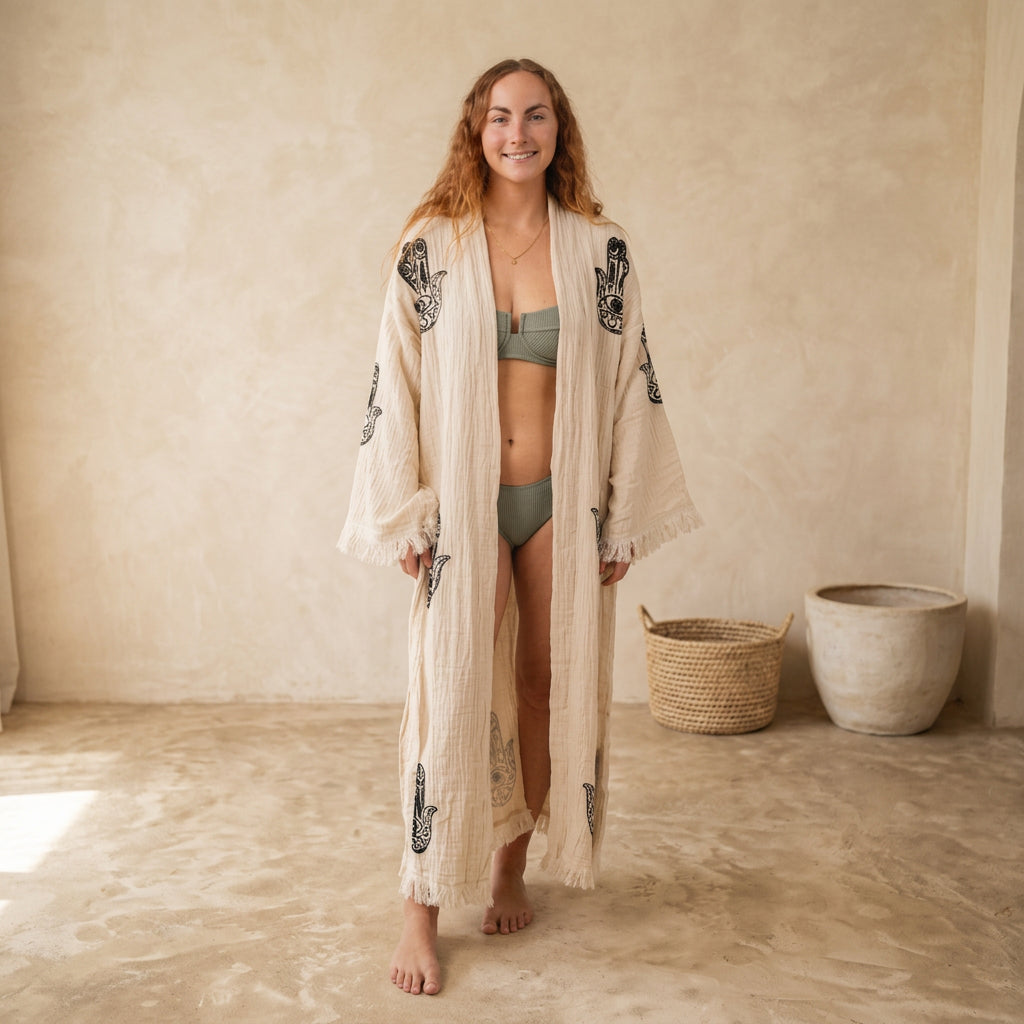 Muslin Cotton Kimono Bathrobe Hamsa Hand Print 100% Turkish Cotton Unisex Robe