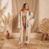 Muslin Cotton Kimono Bathrobe Hamsa Hand Print 100% Turkish Cotton Unisex Robe