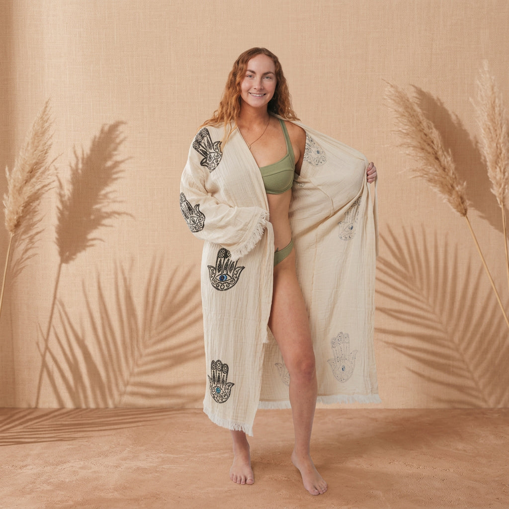 Muslin Cotton Kimono Bathrobe Hamsa Hand Print 100% Turkish Cotton Unisex Robe