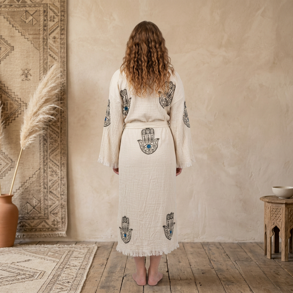 Muslin Cotton Kimono Bathrobe Hamsa Hand Print 100% Turkish Cotton Unisex Robe