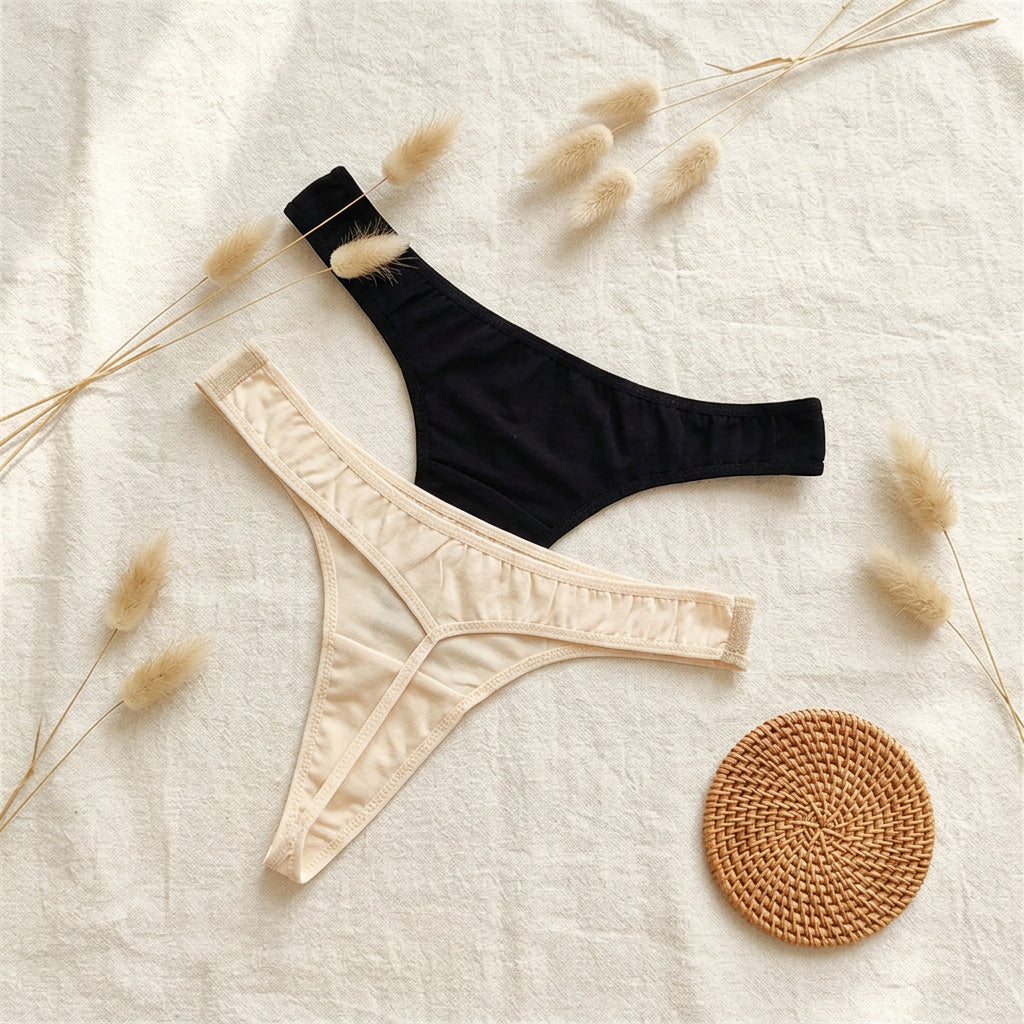 Two thong-style underwear bottoms laid flat on a light gray fabric surface: one black and one cream/beige, with a small white floral frame prop in the upper left.