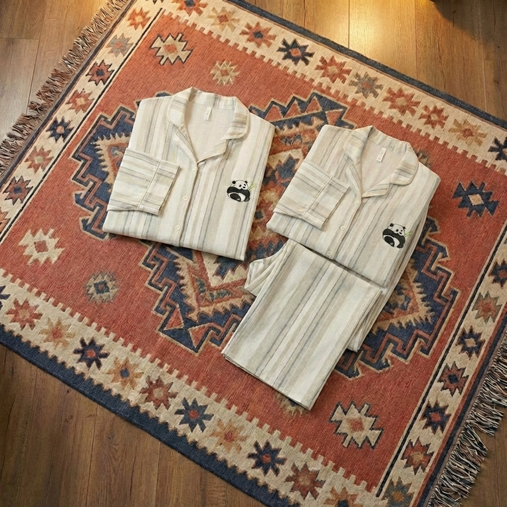 Matching pure cotton couple pajamas with breathable, soft fabric; antibacterial home suit set designed for comfort and sensitive skin.