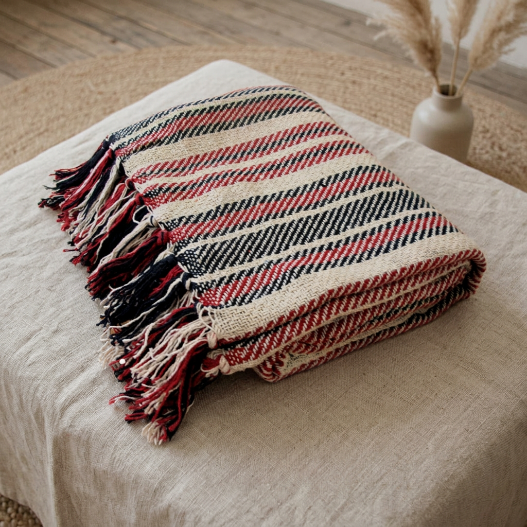 Stella 100% Cotton Knitted Throw Rug Natural Red
