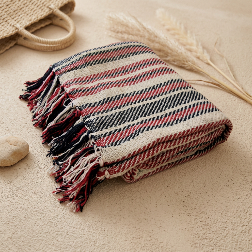 Stella 100% Cotton Knitted Throw Rug Natural Red