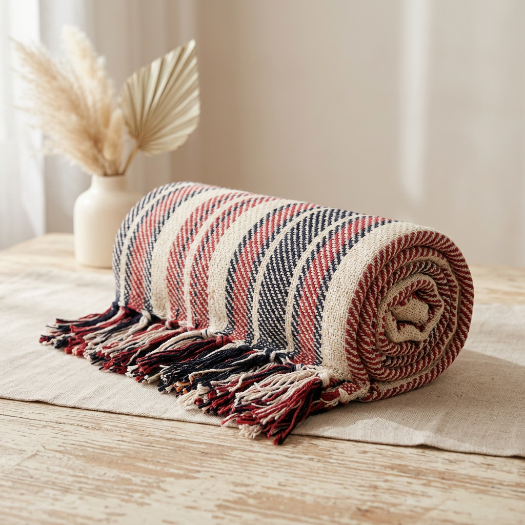Stella 100% Cotton Knitted Throw Rug Natural Red