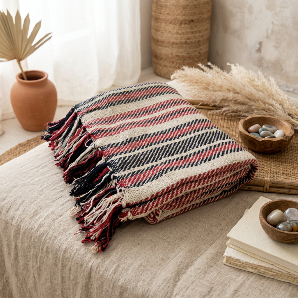 Stella 100% Cotton Knitted Throw Rug Natural Red