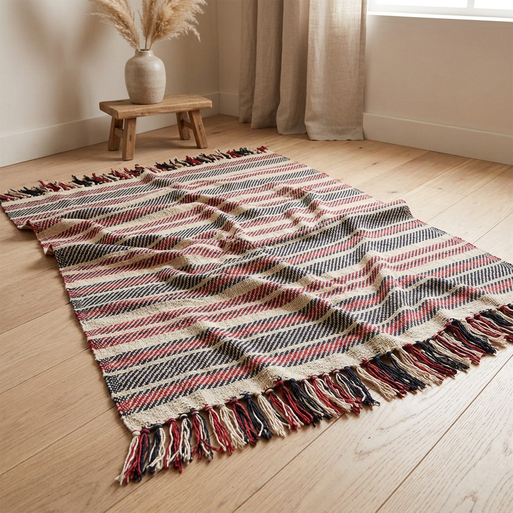 Stella 100% Cotton Knitted Throw Rug Natural Red