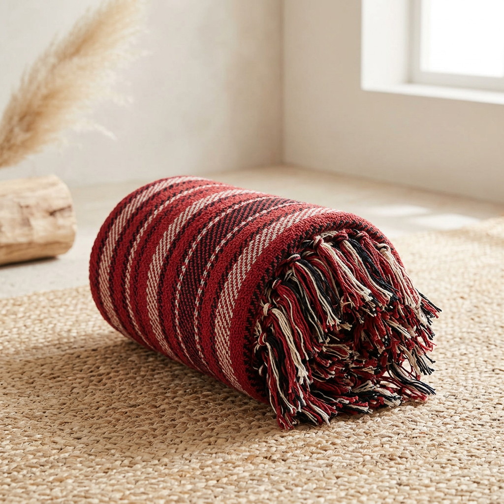 Stella 100% Cotton Knitted Throw Rug Red Multi