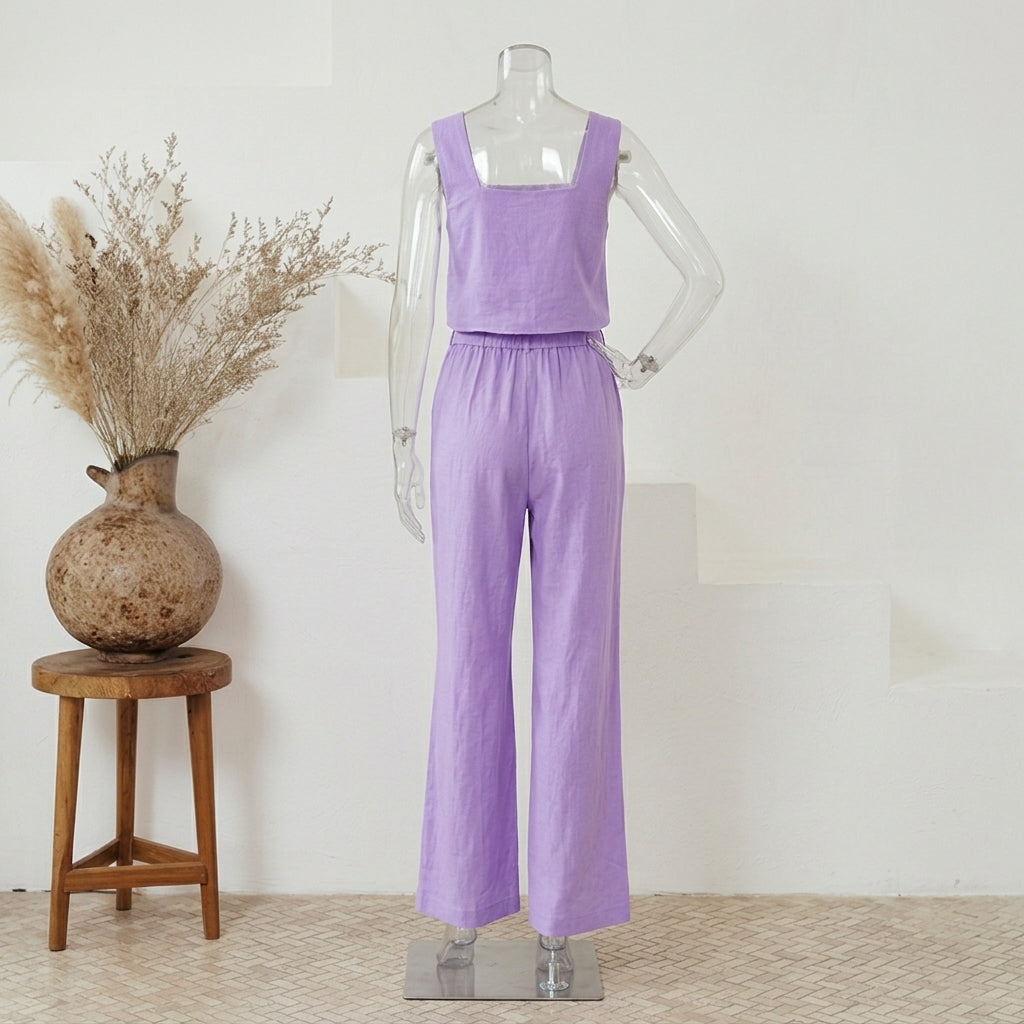 Women’s Square Neck Sleeveless Top and Pants Set – Cotton Two Piece Casual Outfit