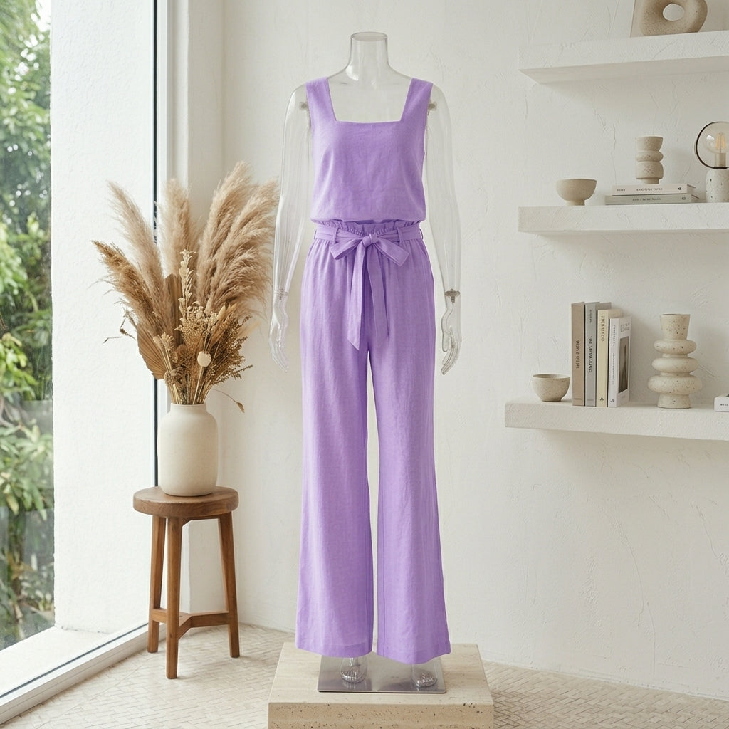 Women’s Square Neck Sleeveless Top and Pants Set – Cotton Two Piece Casual Outfit
