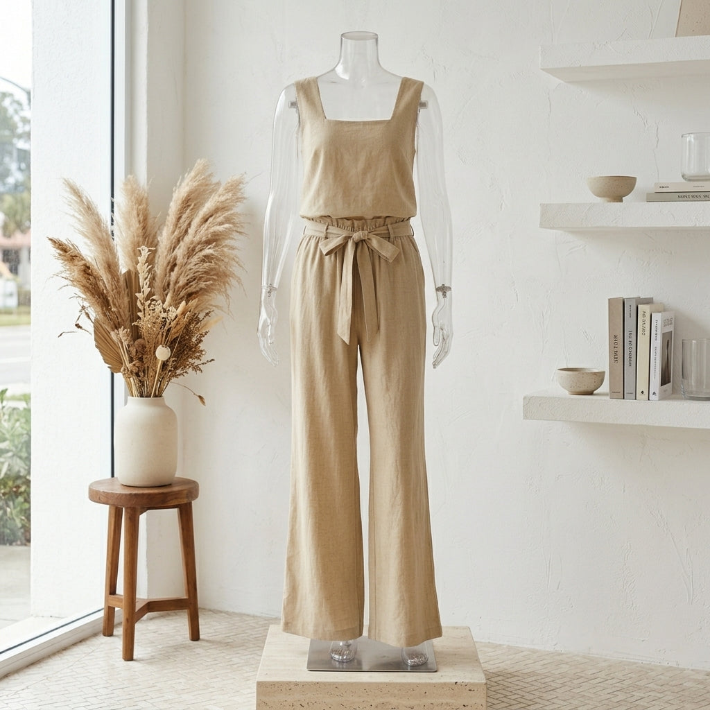 Women’s Square Neck Sleeveless Top and Pants Set – Cotton Two Piece Casual Outfit
