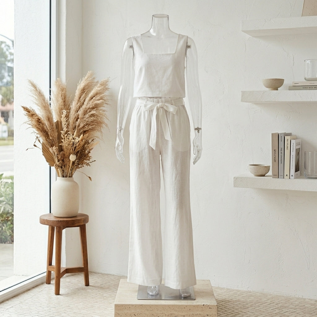 Women’s Square Neck Sleeveless Top and Pants Set – Cotton Two Piece Casual Outfit