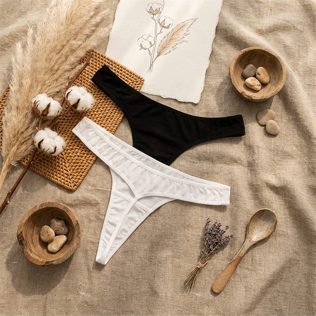 Two pairs of women's thong underwear, one black and one white, arranged on a gray fabric background with a decorative white card and cotton flowers in the top left corner.