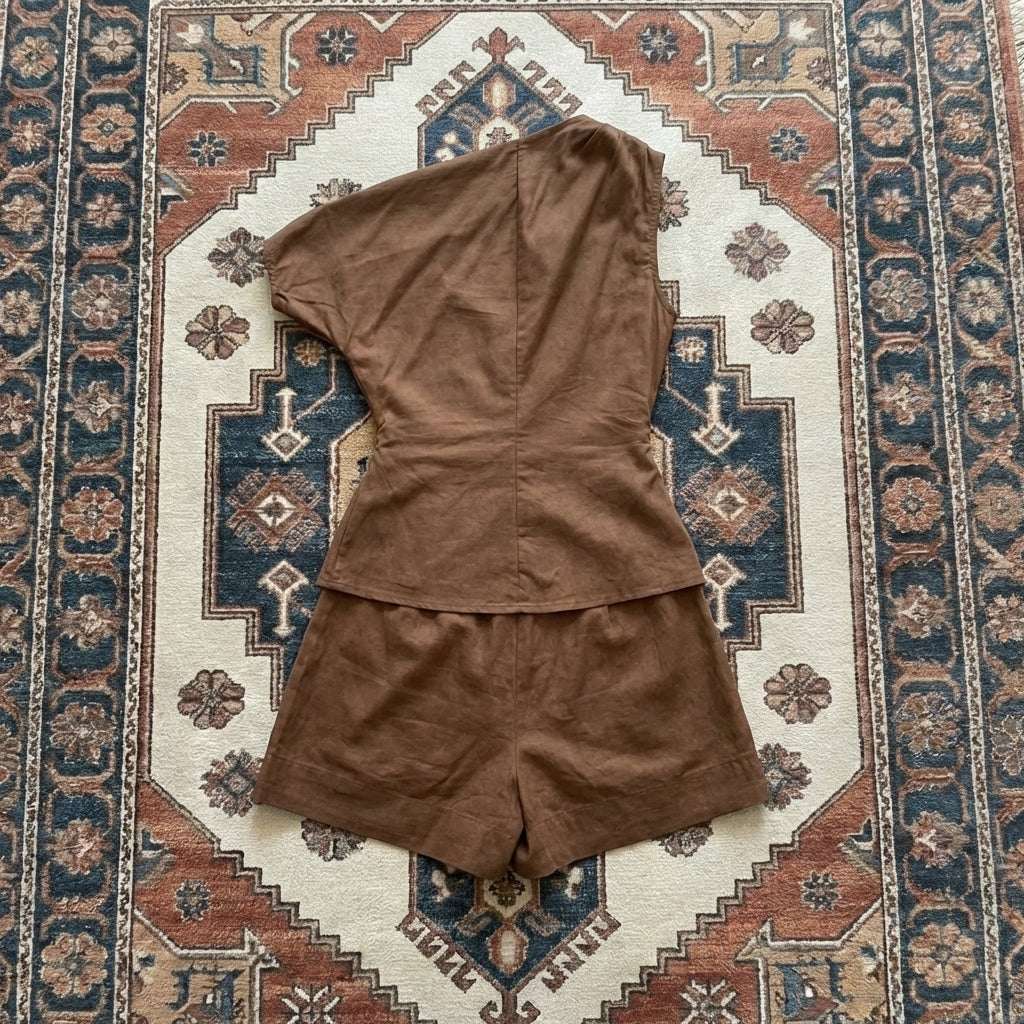Rear view of the Pure Cotton One-Shoulder Lounge Set for Sensitive Skin showing the comfortable elastic waistband and drape.