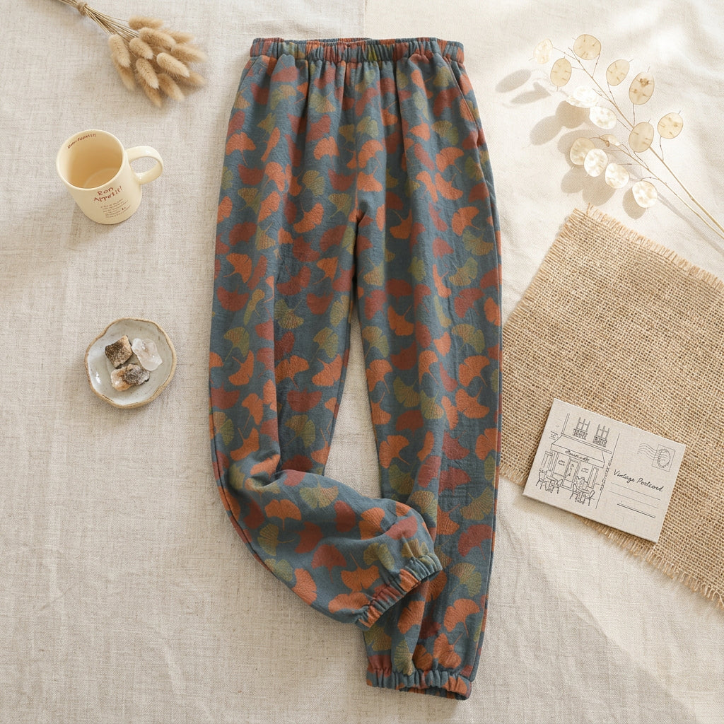 A pair of loose, wide-leg pants with an autumn leaf pattern in muted orange, green, and blue-gray tones, styled in a flat-lay on a white background with a mug, a small photo, and a decorative card.