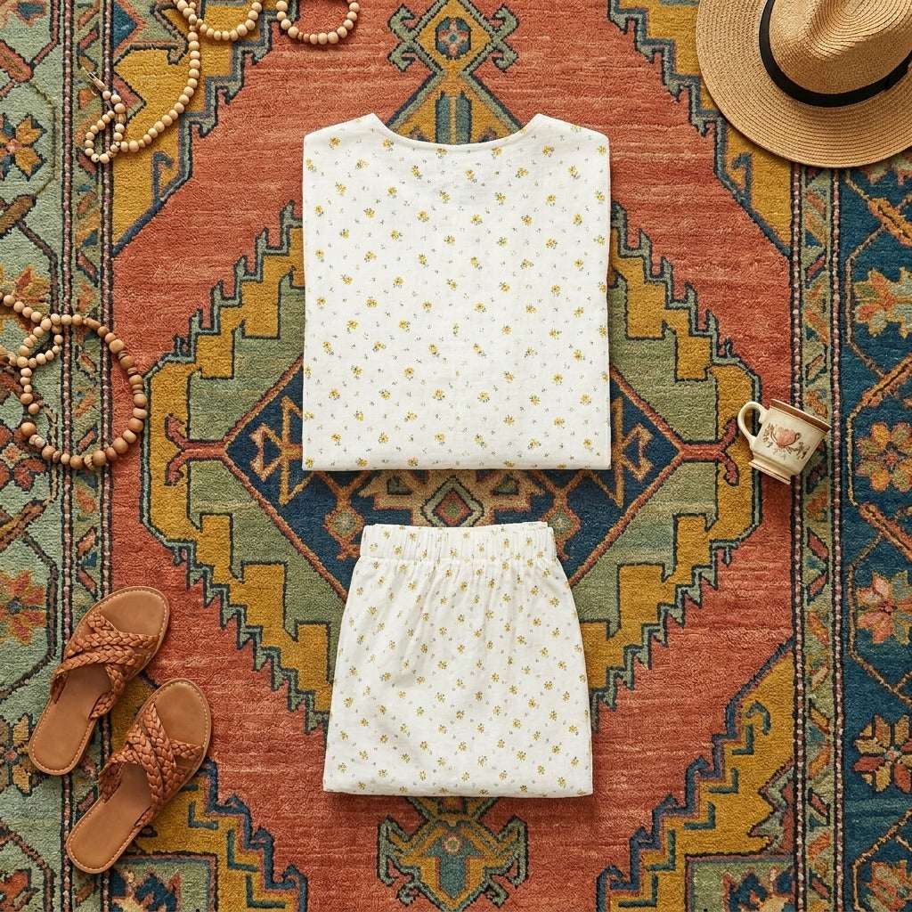 Floral Print 100% Cotton Tie-Front Top & Shorts Set