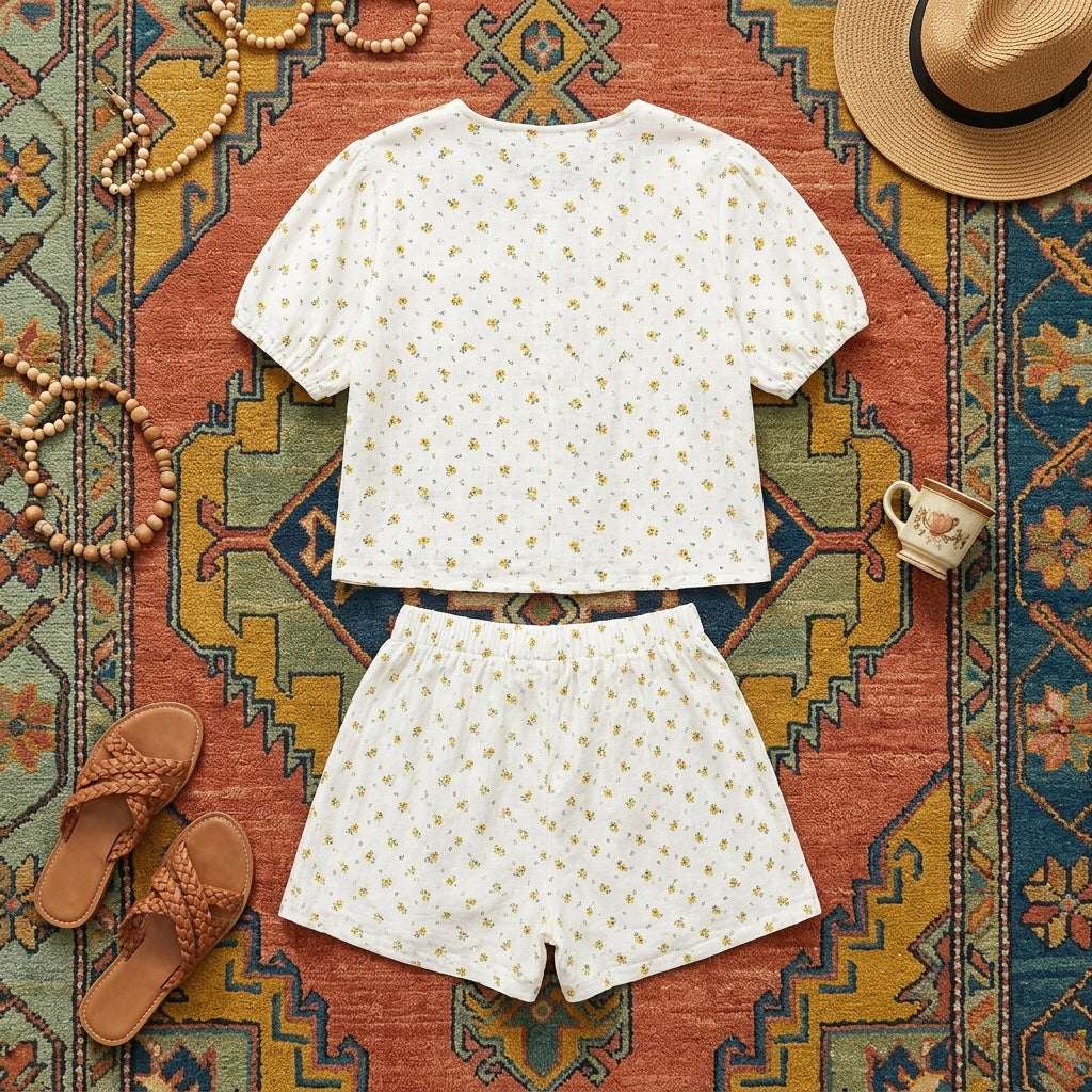 Floral Print 100% Cotton Tie-Front Top & Shorts Set