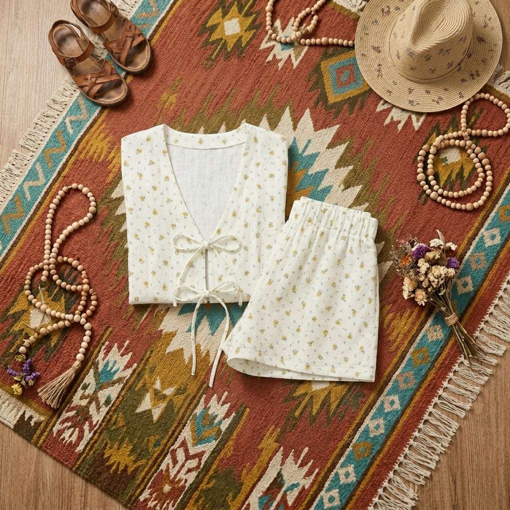 Floral Print 100% Cotton Tie-Front Top & Shorts Set