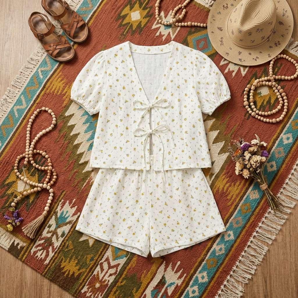 Floral Print 100% Cotton Tie-Front Top & Shorts Set