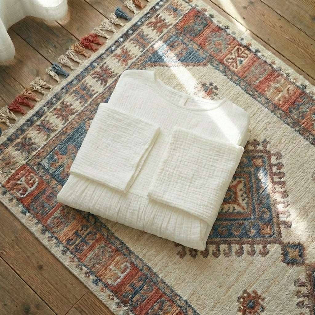 Women’s two-piece lounge set in soft pure cotton, featuring an oversized long-sleeve button-down shirt and matching wide-leg trousers in [Insert Color].