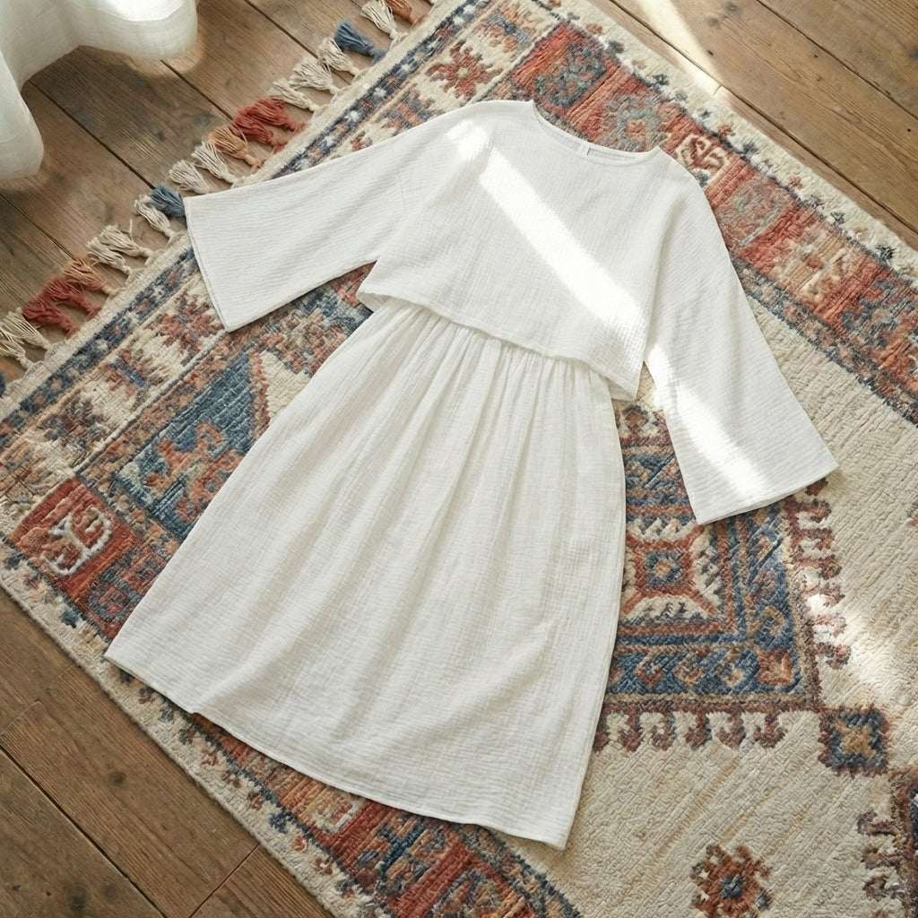 Women’s two-piece lounge set in soft pure cotton, featuring an oversized long-sleeve button-down shirt and matching wide-leg trousers in [Insert Color].