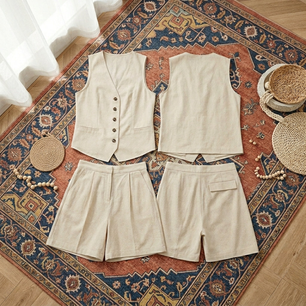 Button-Up Hemp & Cotton Vest & Shorts Set