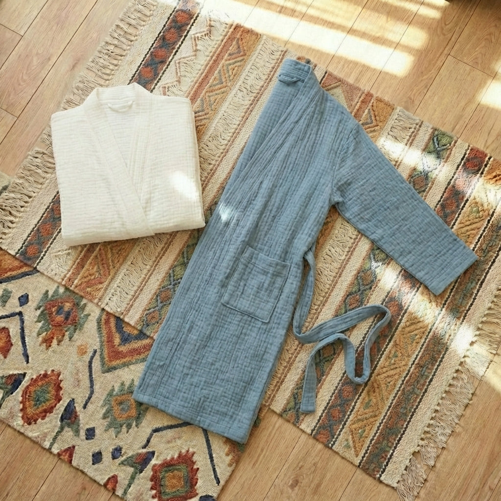 Short cotton gauze robe, 100% pure cotton loungewear cardigan, lightweight and breathable for comfortable, sensitive-skin-friendly relaxation at home.