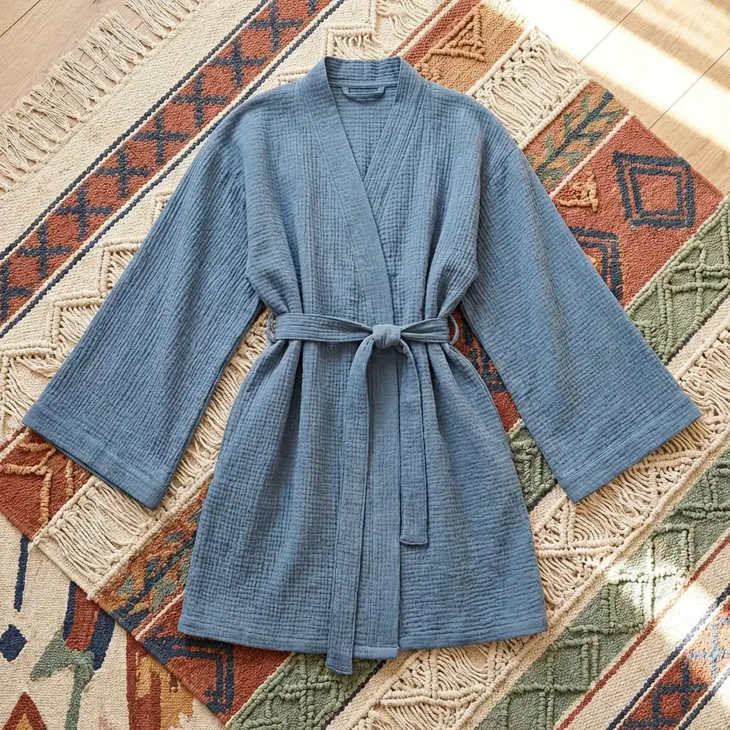 Short Cotton Gauze Robe - 100% Pure Cotton Loungewear Cardigan