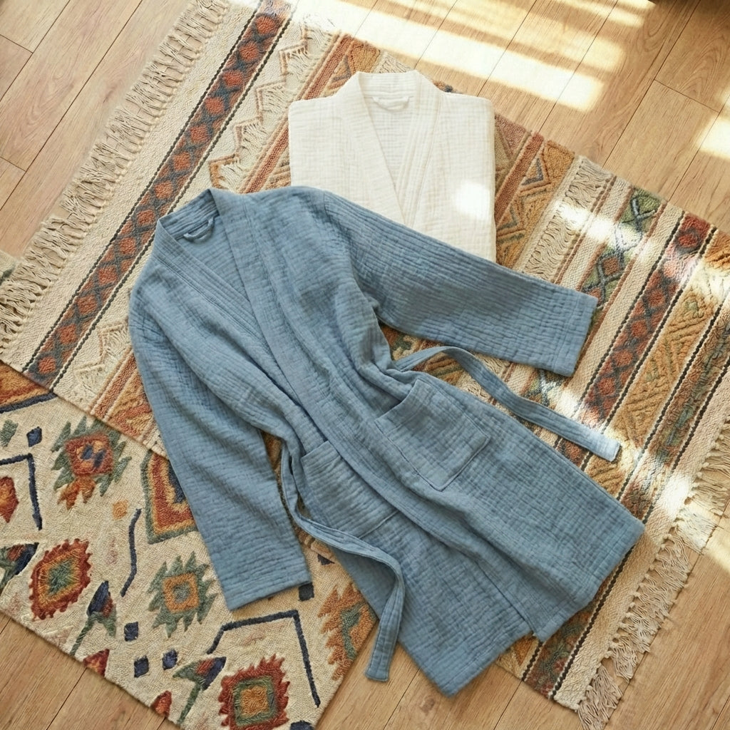 Short cotton gauze robe, 100% pure cotton loungewear cardigan, lightweight and breathable for comfortable, sensitive-skin-friendly relaxation at home.