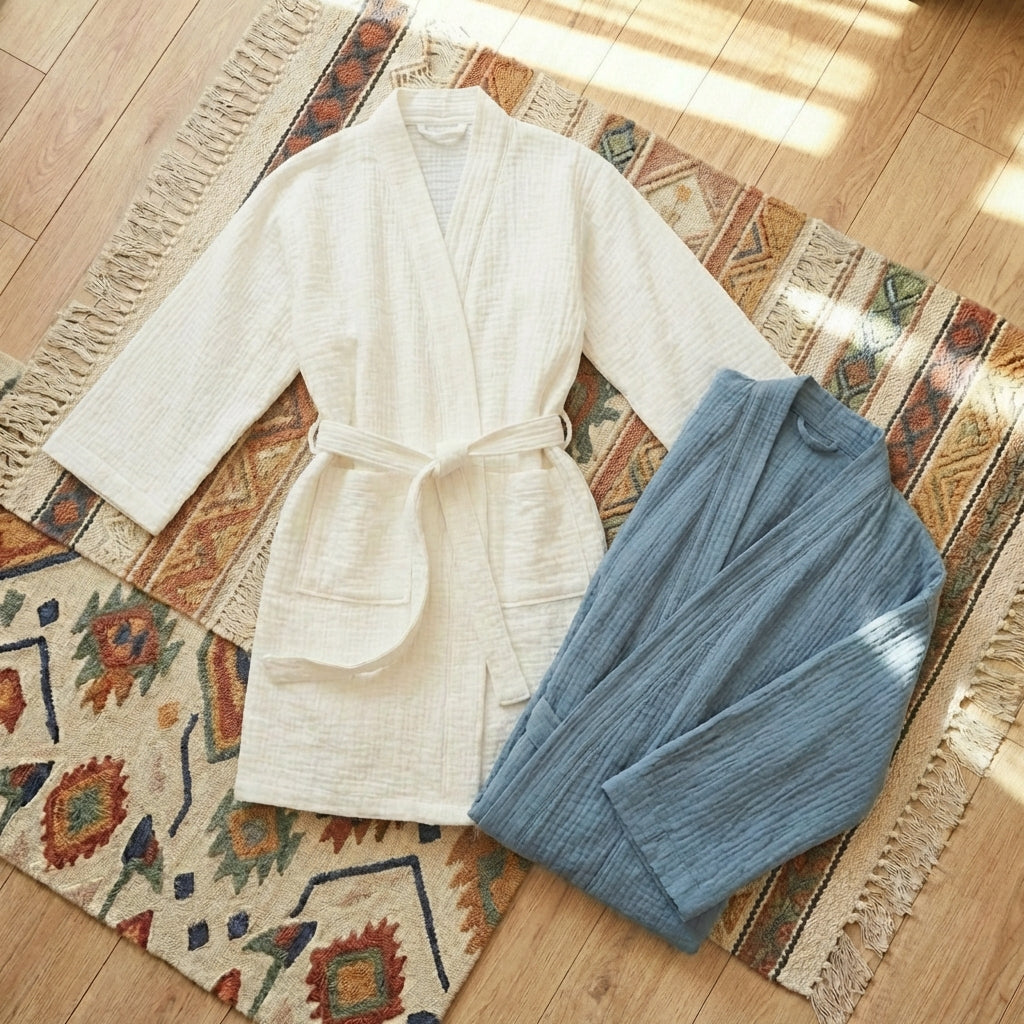 Short cotton gauze robe, 100% pure cotton loungewear cardigan, lightweight and breathable for comfortable, sensitive-skin-friendly relaxation at home.