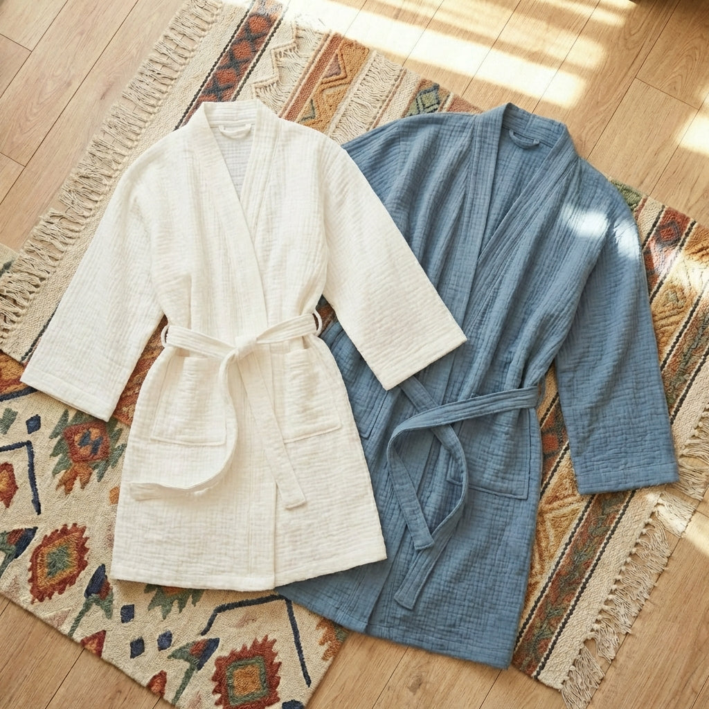 Short cotton gauze robe, 100% pure cotton loungewear cardigan, lightweight and breathable for comfortable, sensitive-skin-friendly relaxation at home.
