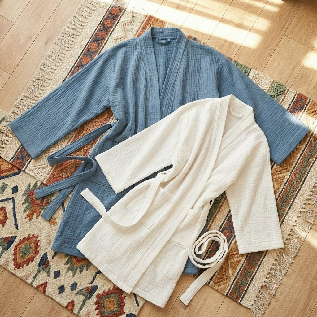 Short cotton gauze robe, 100% pure cotton loungewear cardigan, lightweight and breathable for comfortable, sensitive-skin-friendly relaxation at home.