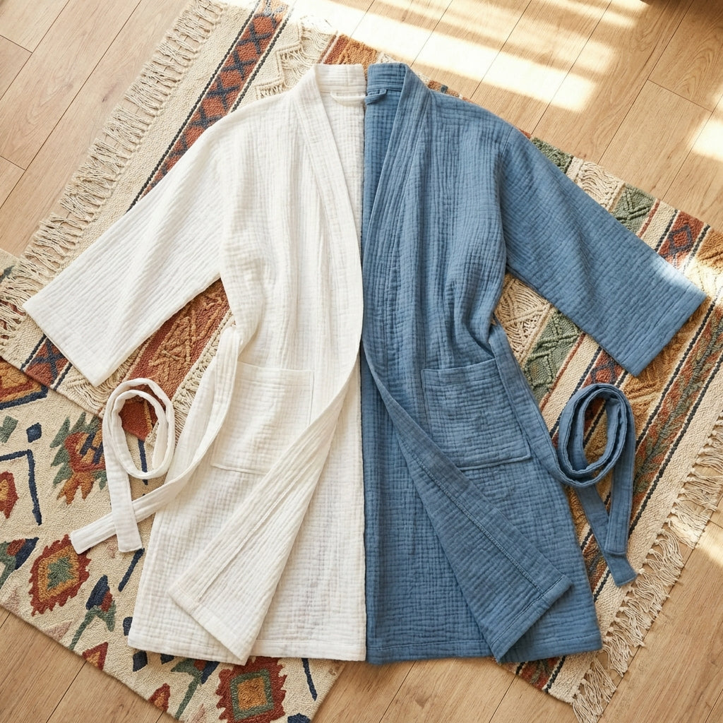 Short cotton gauze robe, 100% pure cotton loungewear cardigan, lightweight and breathable for comfortable, sensitive-skin-friendly relaxation at home.