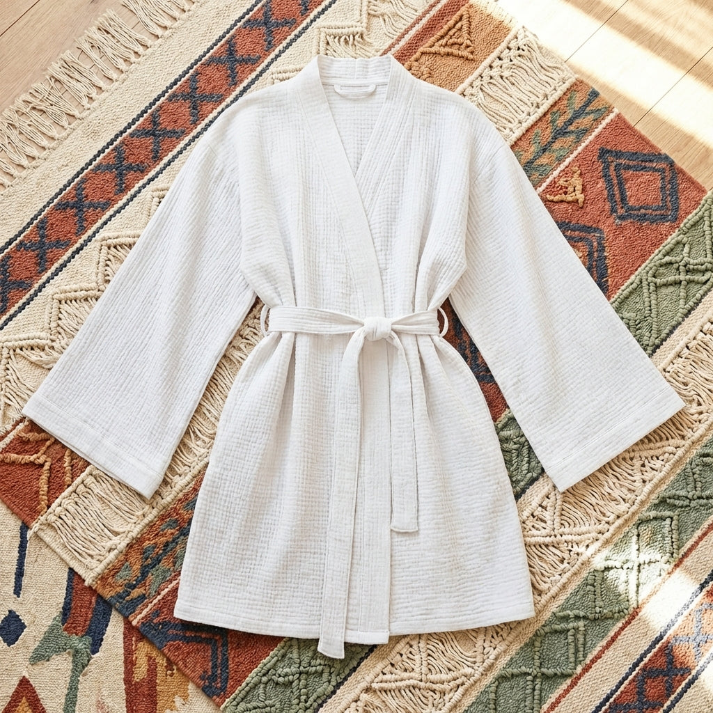 Short cotton gauze robe, 100% pure cotton loungewear cardigan, lightweight and breathable for comfortable, sensitive-skin-friendly relaxation at home.