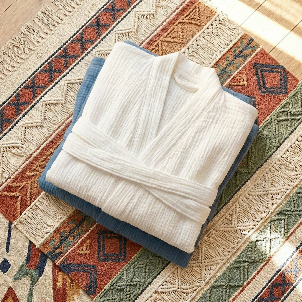 Short cotton gauze robe, 100% pure cotton loungewear cardigan, lightweight and breathable for comfortable, sensitive-skin-friendly relaxation at home.