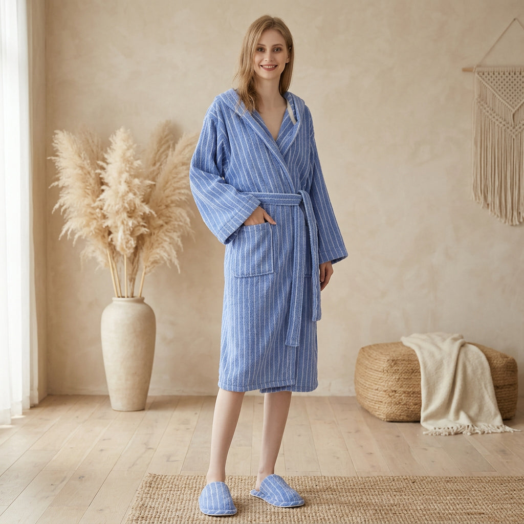 PureOnSkin Blue Retro Hooded Striped 100% Organic Long-Staple Cotton Bathrobe
