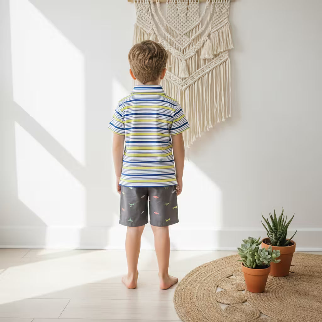 Kids Striped Polo Shirt and Printed Shorts Set in soft breathable cotton for a complete two piece outfit.