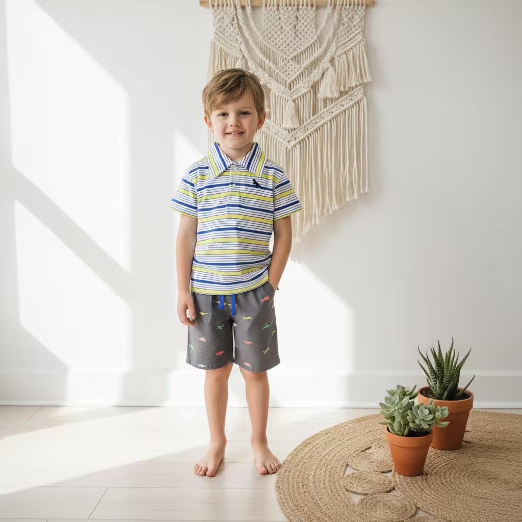 Close-up of the striped polo shirt from the Kids Striped Polo Shirt and Printed Shorts Set showing the collar.