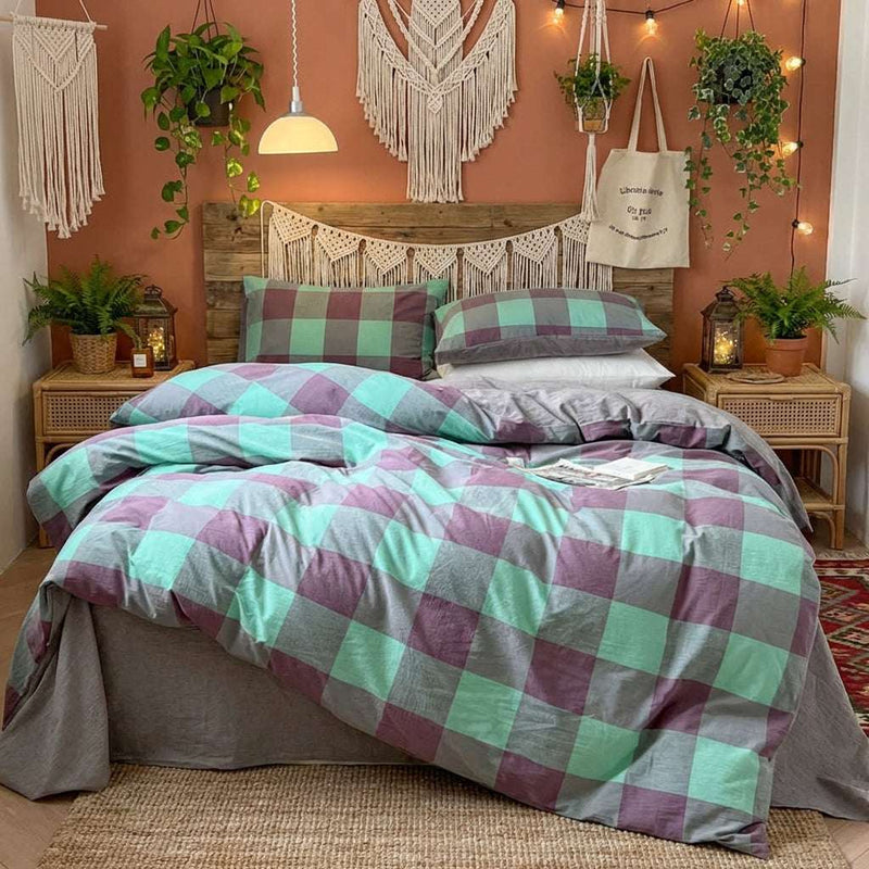 PureOnSkin 100 Washed Cotton Bed Sheet | Breathable Soft – Green Grey Grid