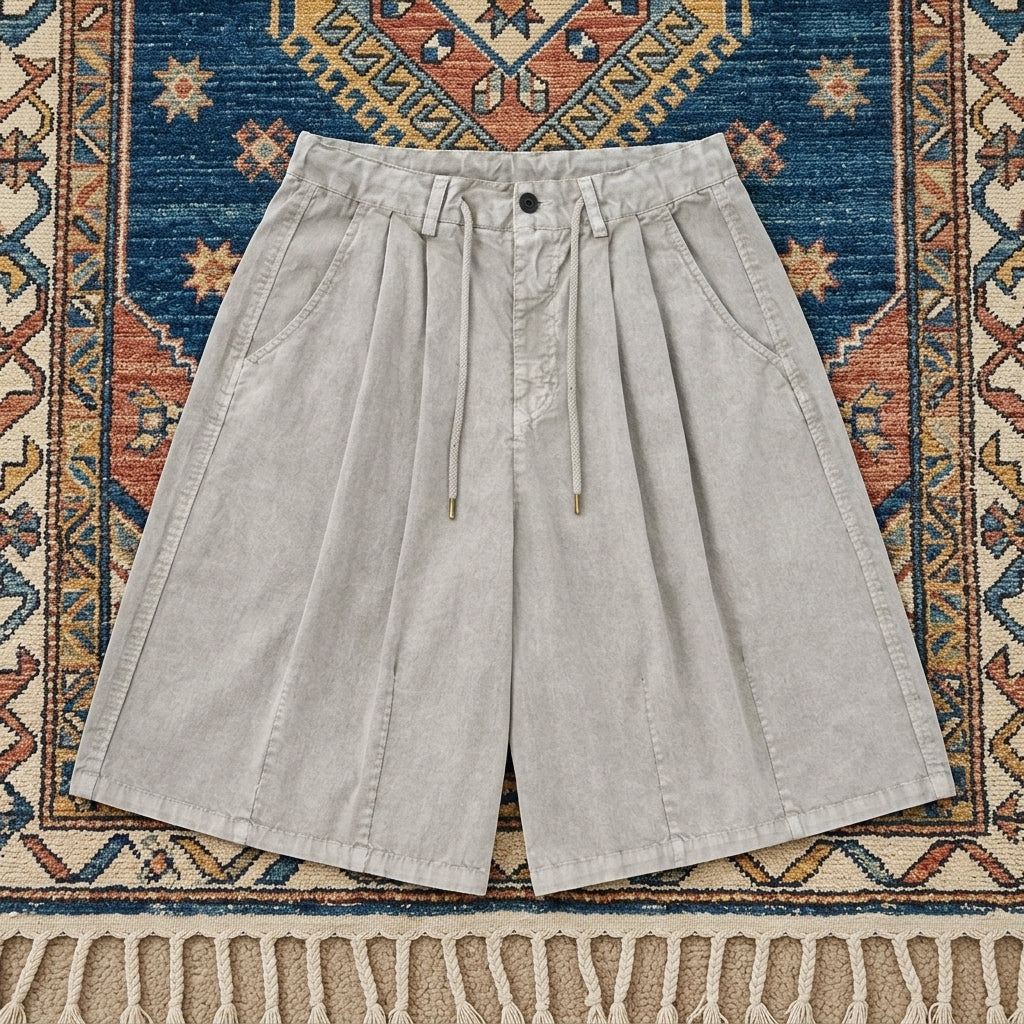 Front view of Men’s Wide Leg Cotton Shorts showing the adjustable drawstring waistband and wide leg silhouette.